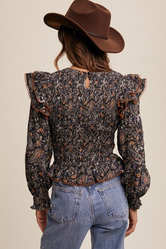 Black Paisley Ruffle Blouse