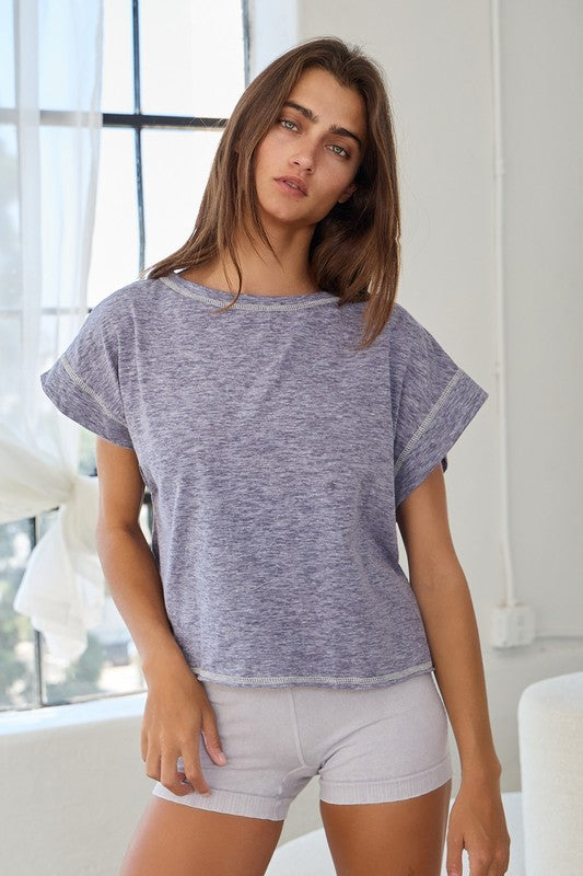 Navy Open Back Stitched Crop Top