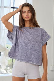 Navy Open Back Stitched Crop Top