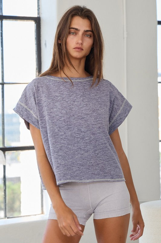 Navy Open Back Stitched Crop Top