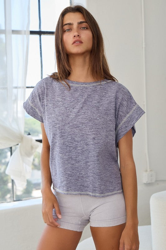 Navy Open Back Stitched Crop Top