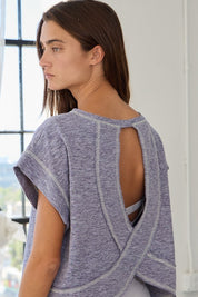 Navy Open Back Stitched Crop Top