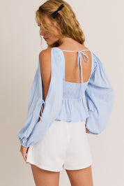 Blue Long Sleeve Square Neck Detail Top