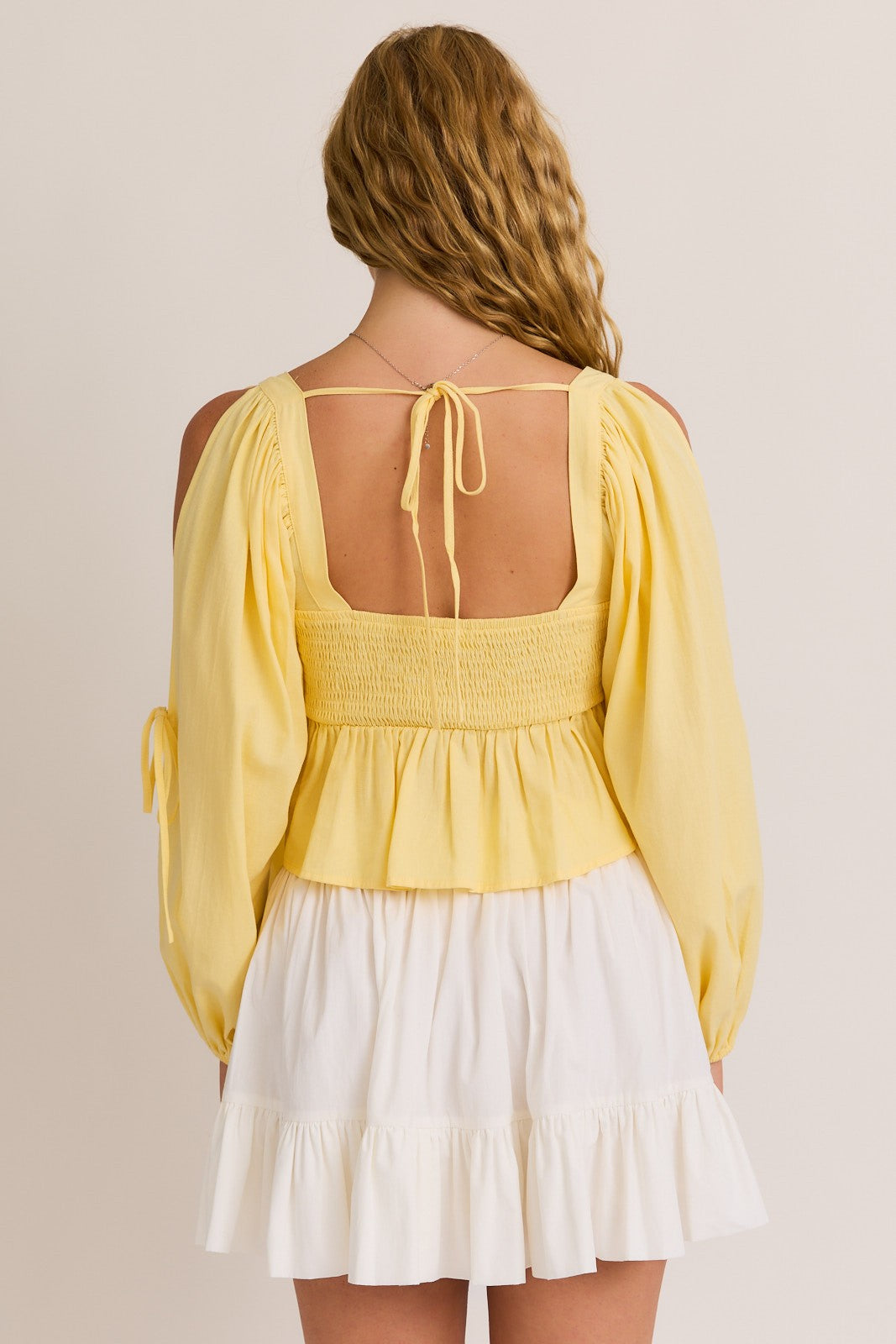 Yellow Long Sleeve Square Neck Detail Top