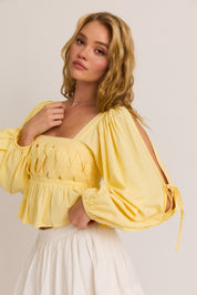 Yellow Long Sleeve Square Neck Detail Top