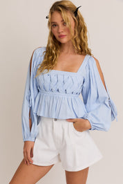 Blue Long Sleeve Square Neck Detail Top