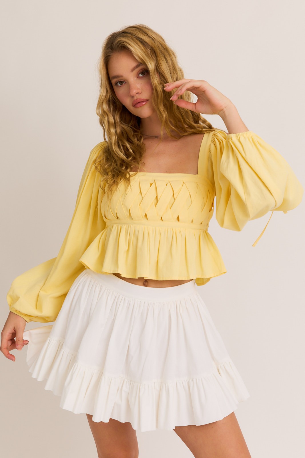Yellow Long Sleeve Square Neck Detail Top