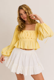 Yellow Long Sleeve Square Neck Detail Top