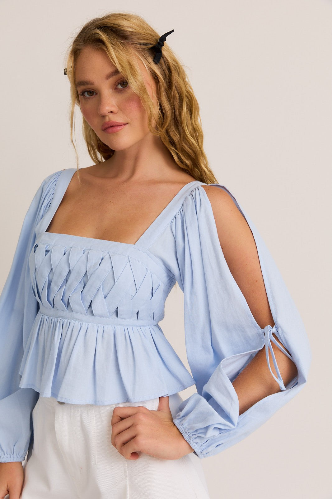 Blue Long Sleeve Square Neck Detail Top
