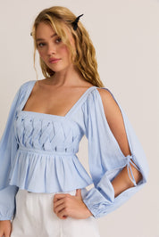 Blue Long Sleeve Square Neck Detail Top