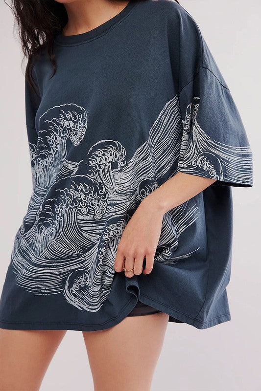 Navy Printed Oversized T-Shirt