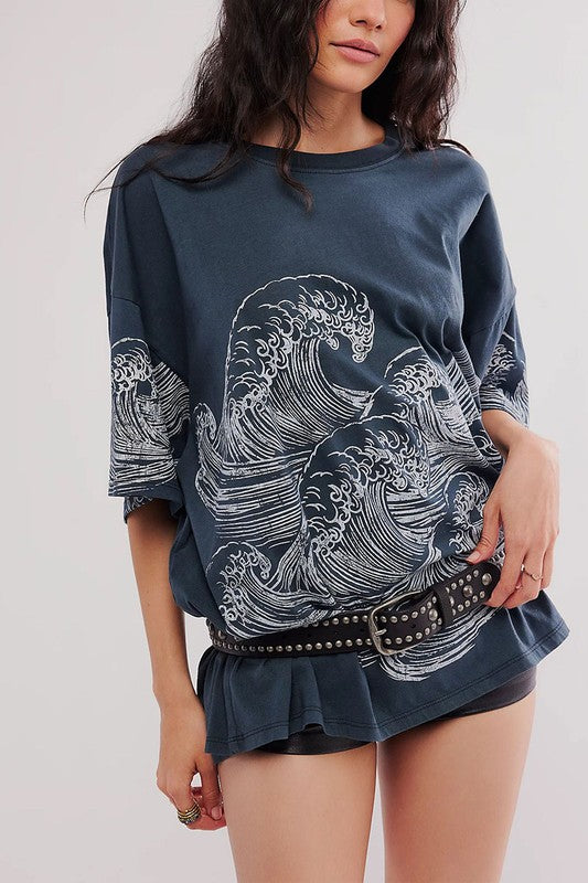 Navy Printed Oversized T-Shirt