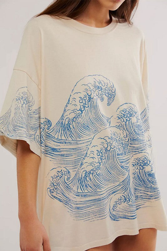 Blue Printed Oversized T-Shirt