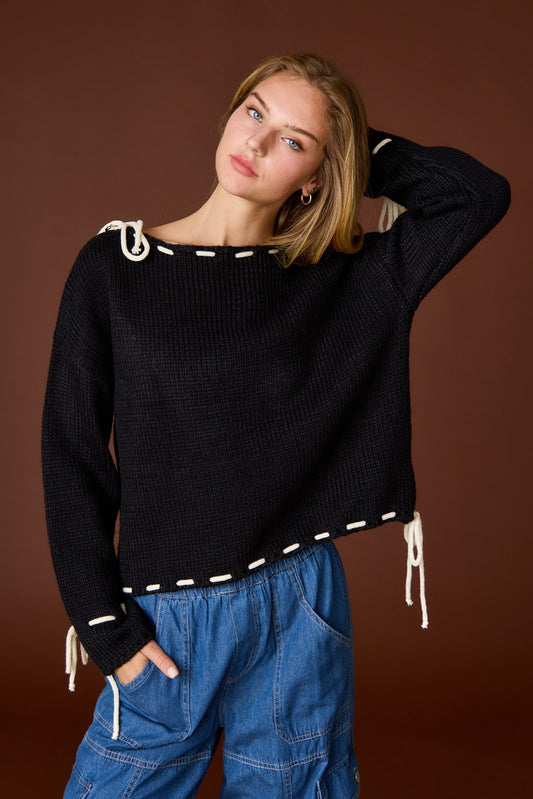 Black Contrast Stitching Bow Sweater