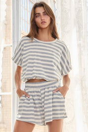 Grey Striped Bubble Hem Crop Top