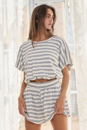 Grey Striped Bubble Hem Crop Top