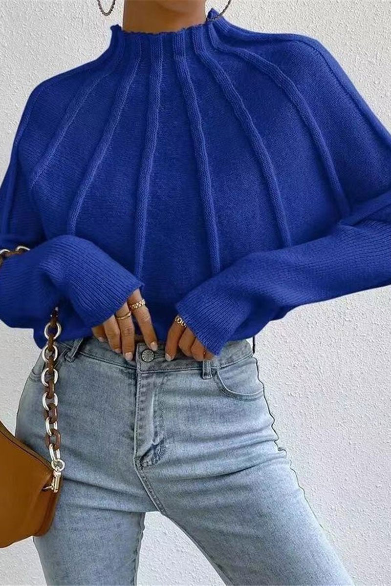 Blue Stand Neck Cropped Sweater