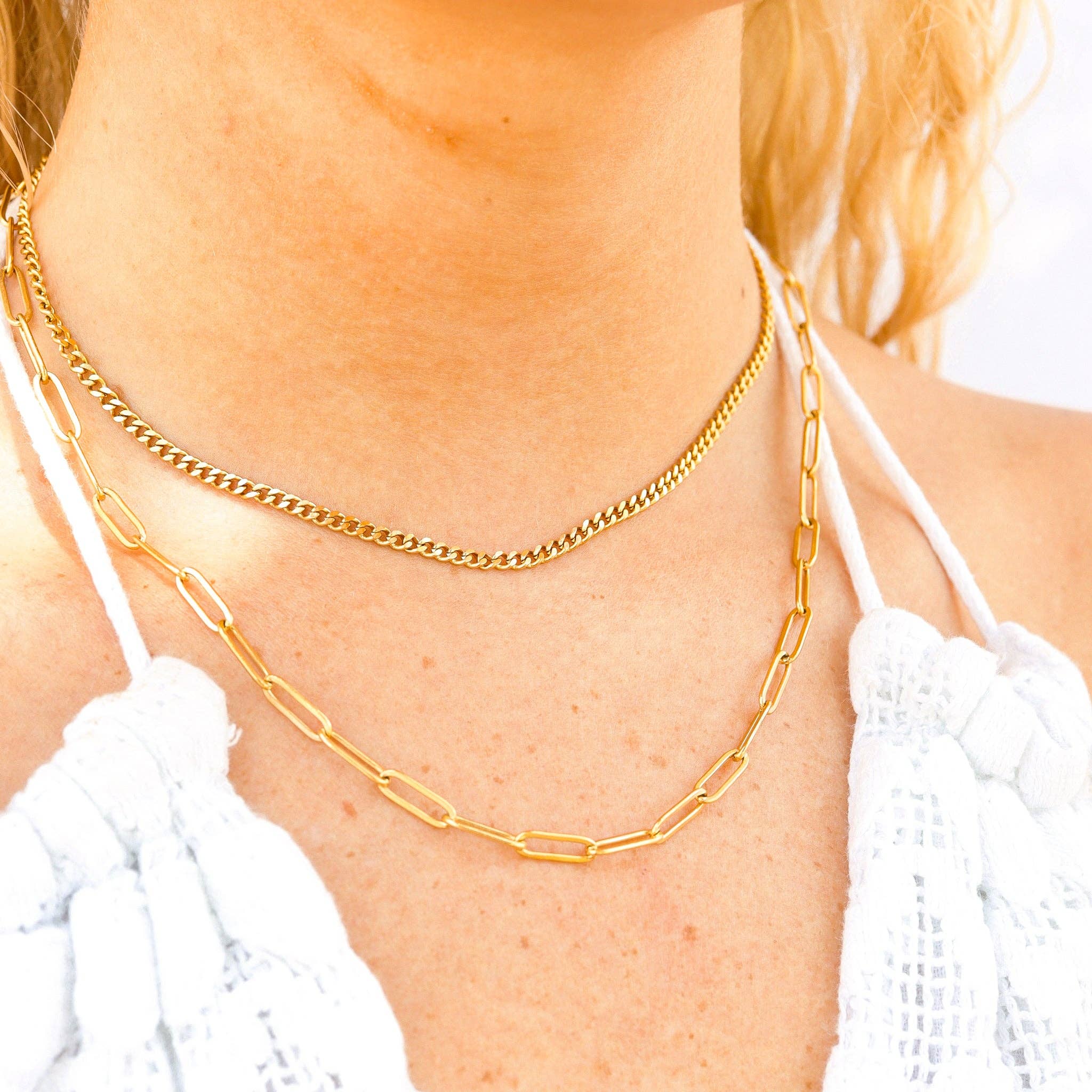 18K Gold Stainless Steel and Paperclip Layered Chain Necklace