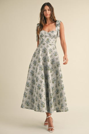 Blue Floral Sweetheart Midi Dress