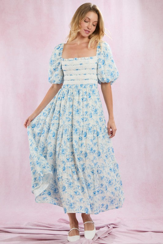 Blue & White Smocked Maxi Dress