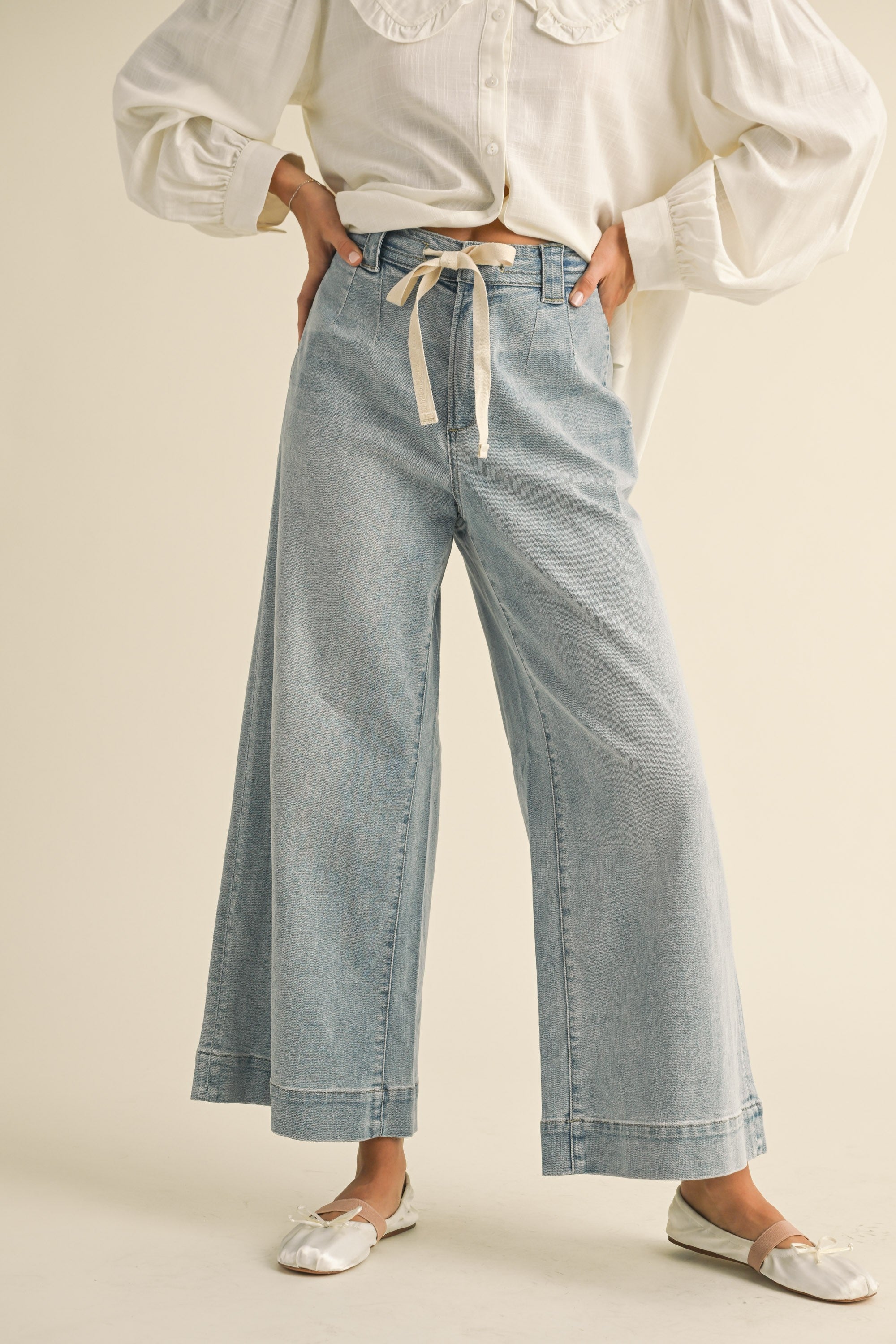 Washed Denim Front Tie Jean Pants