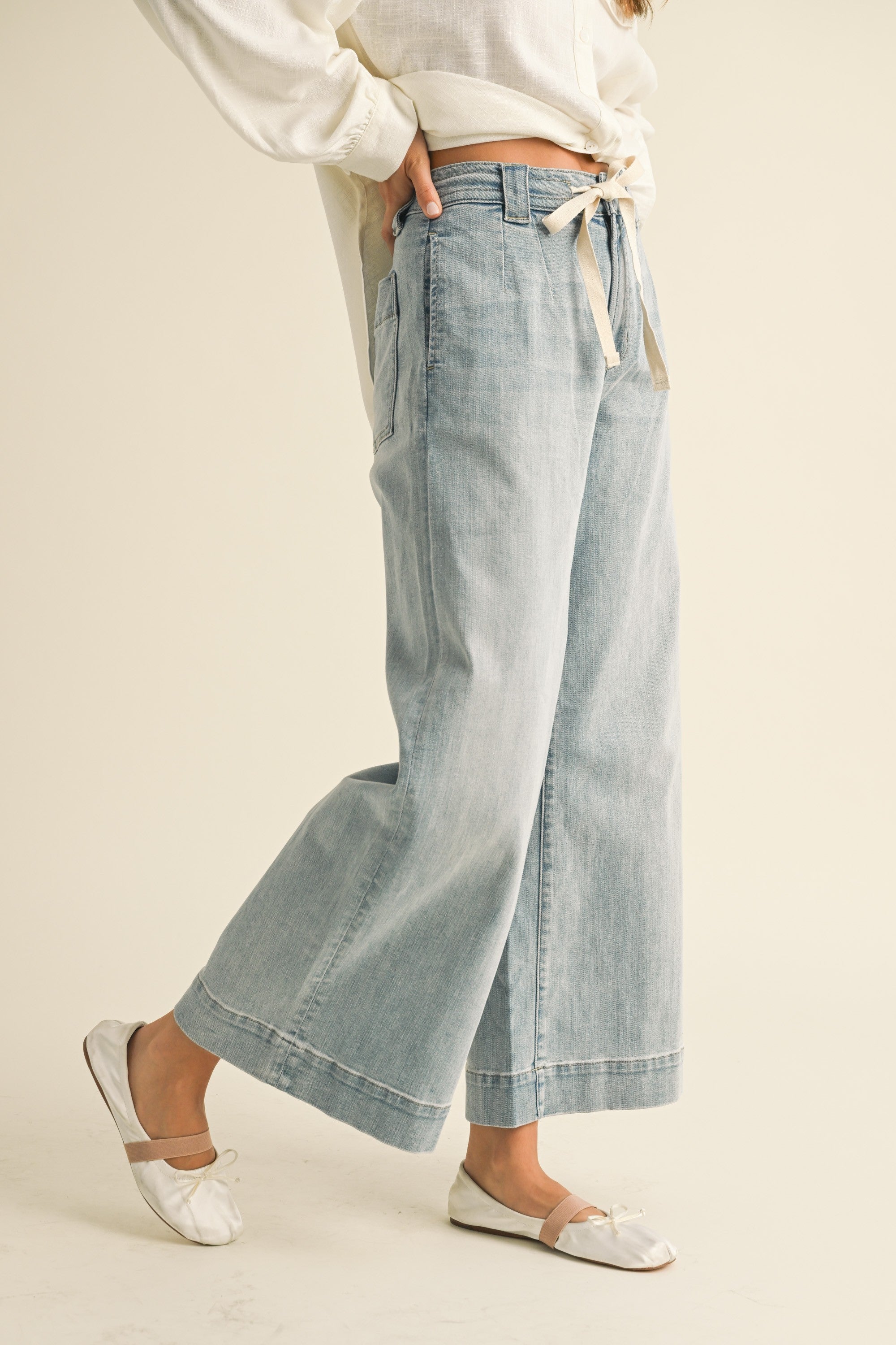 Washed Denim Front Tie Jean Pants