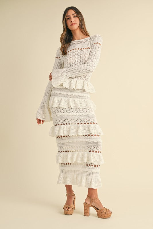 Cream Crochet Ruffled Midi Dress