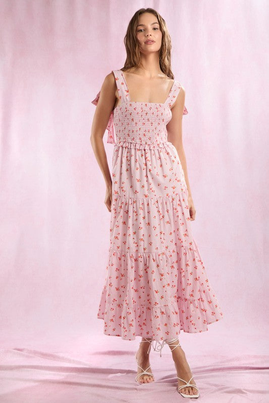 Pink Floral Tie Shoulder Maxi Dress