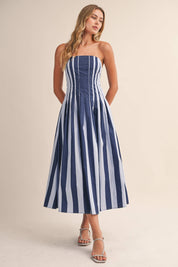 Blue Strapless Striped Midi Dress