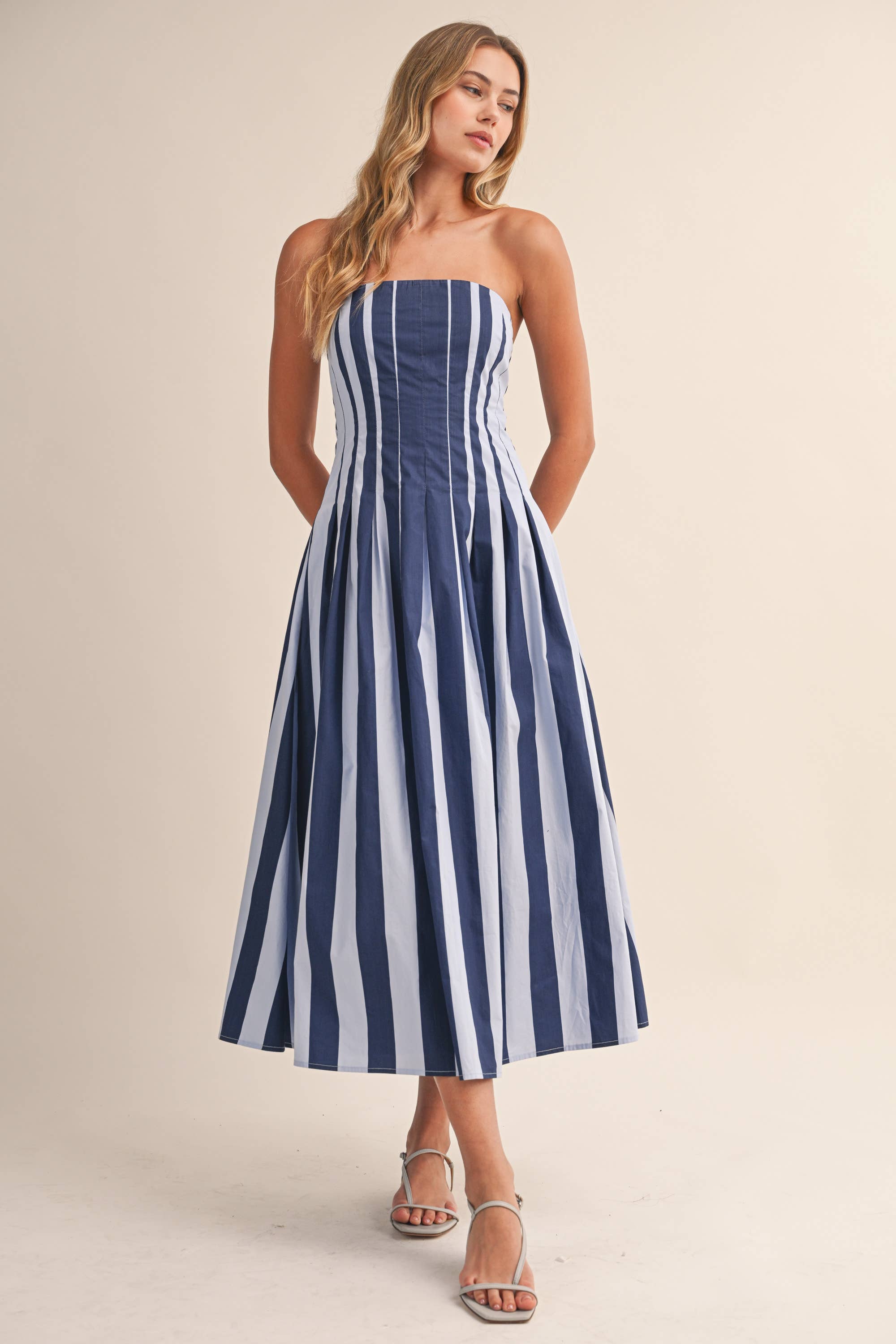 Blue Strapless Striped Midi Dress