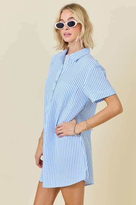 Striped Seersucker Dress W/ Pockets
