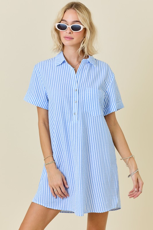 Striped Seersucker Dress W/ Pockets