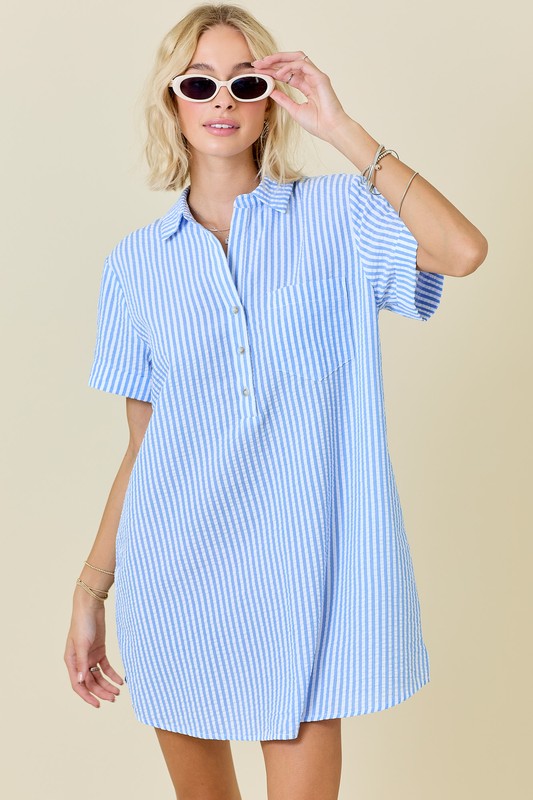 Striped Seersucker Dress W/ Pockets