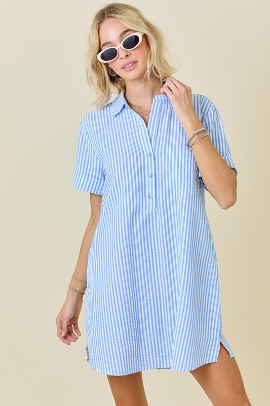 Striped Seersucker Dress W/ Pockets