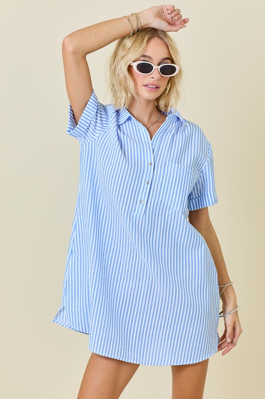 Striped Seersucker Dress W/ Pockets