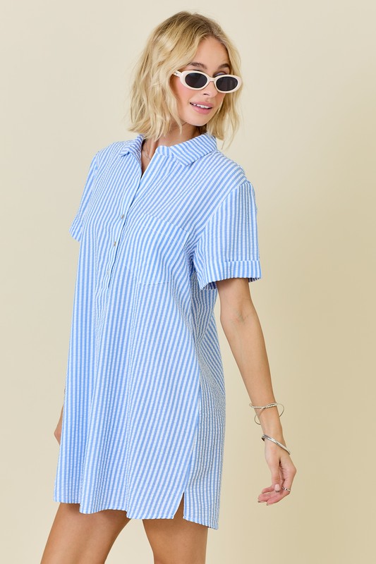 Striped Seersucker Dress W/ Pockets