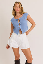 Blue Sleeveless Tie Cardigan