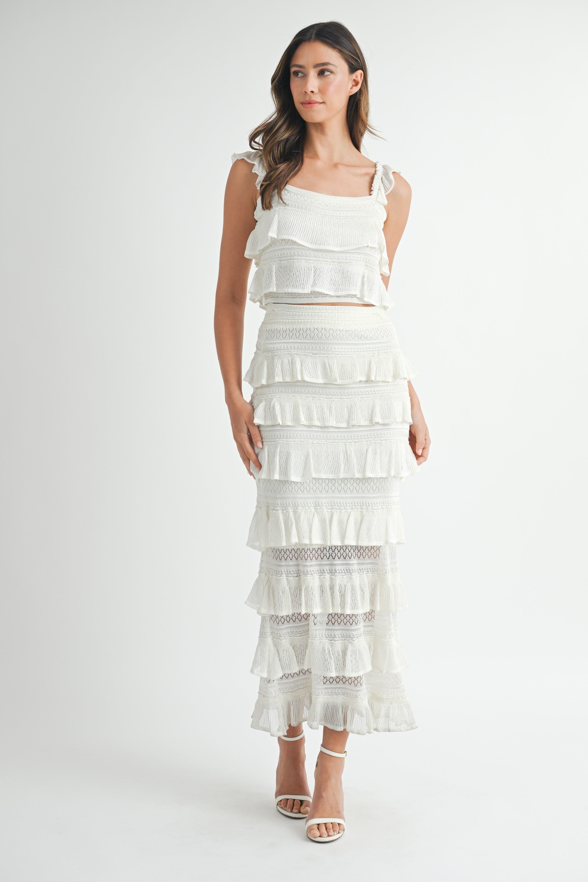 All White Tiered Ruffle Top & Skirt Set
