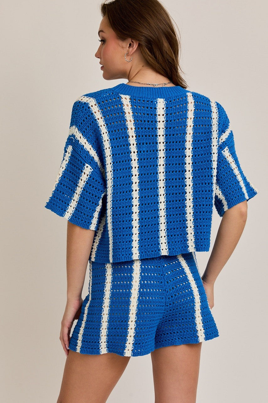 Blue Open Knit Sweater Top