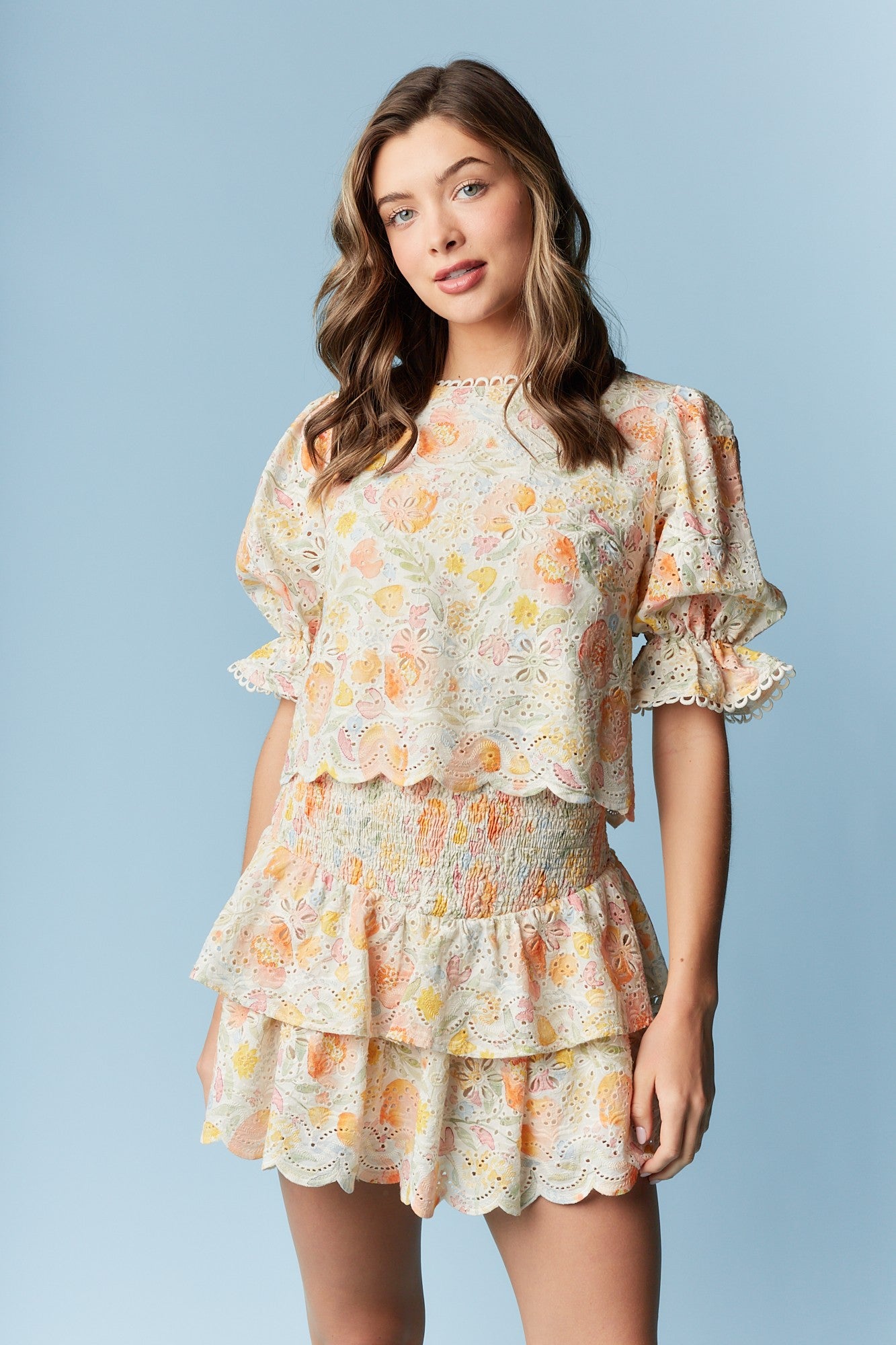 Floral Eyelet Smocked Top & Skirt Set