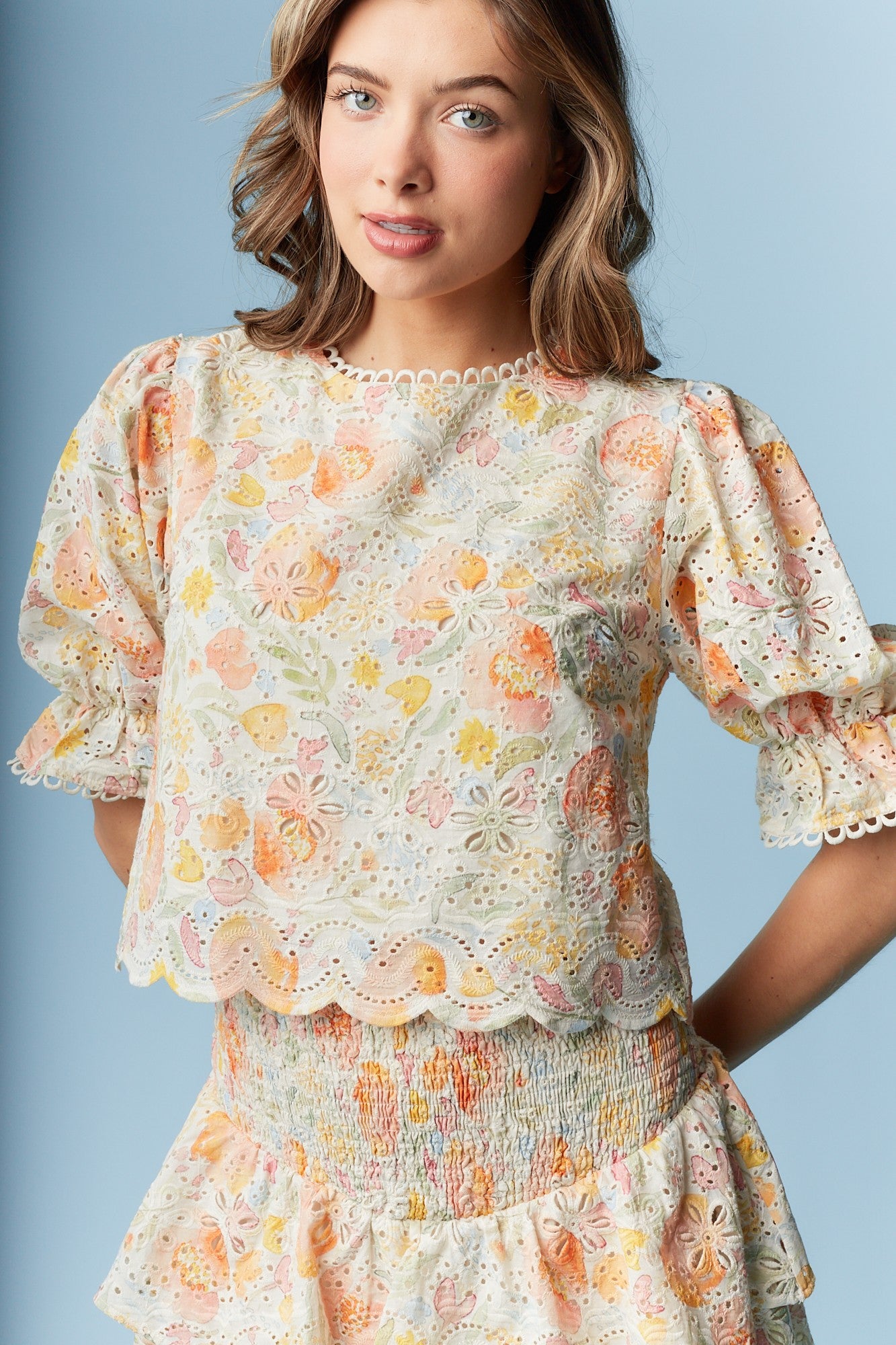Floral Eyelet Smocked Top & Skirt Set