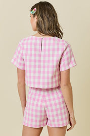Pink Gingham Tweed Short Sleeve Crop Top