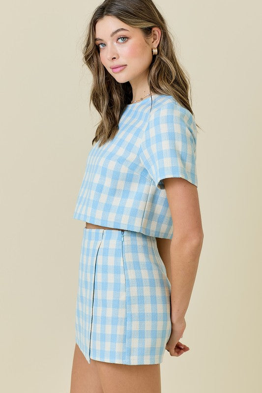 Blue Gingham Tweed Short Sleeve Crop Top