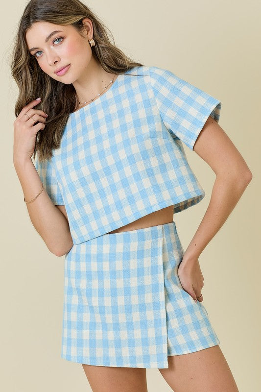 Blue Gingham Tweed Short Sleeve Crop Top