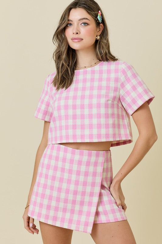 Pink Gingham Tweed Short Sleeve Crop Top