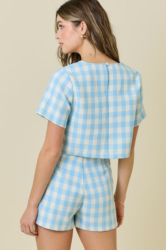 Blue Gingham Tweed Short Sleeve Crop Top