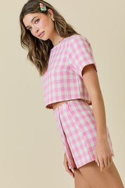 Pink Gingham Tweed Short Sleeve Crop Top