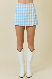 Blue Gingham Tweed Wrap Skort