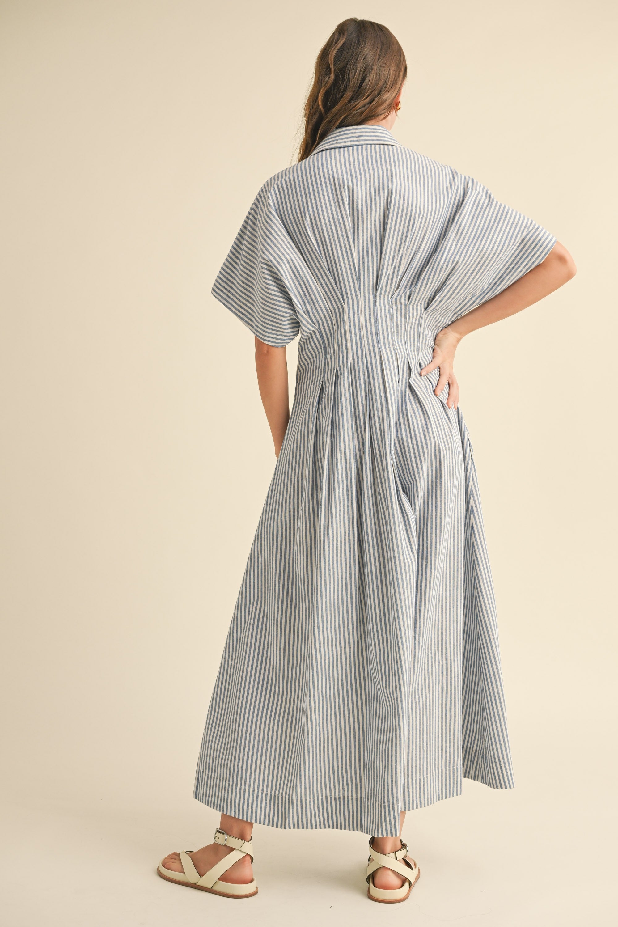Blue Button Front Striped Dress
