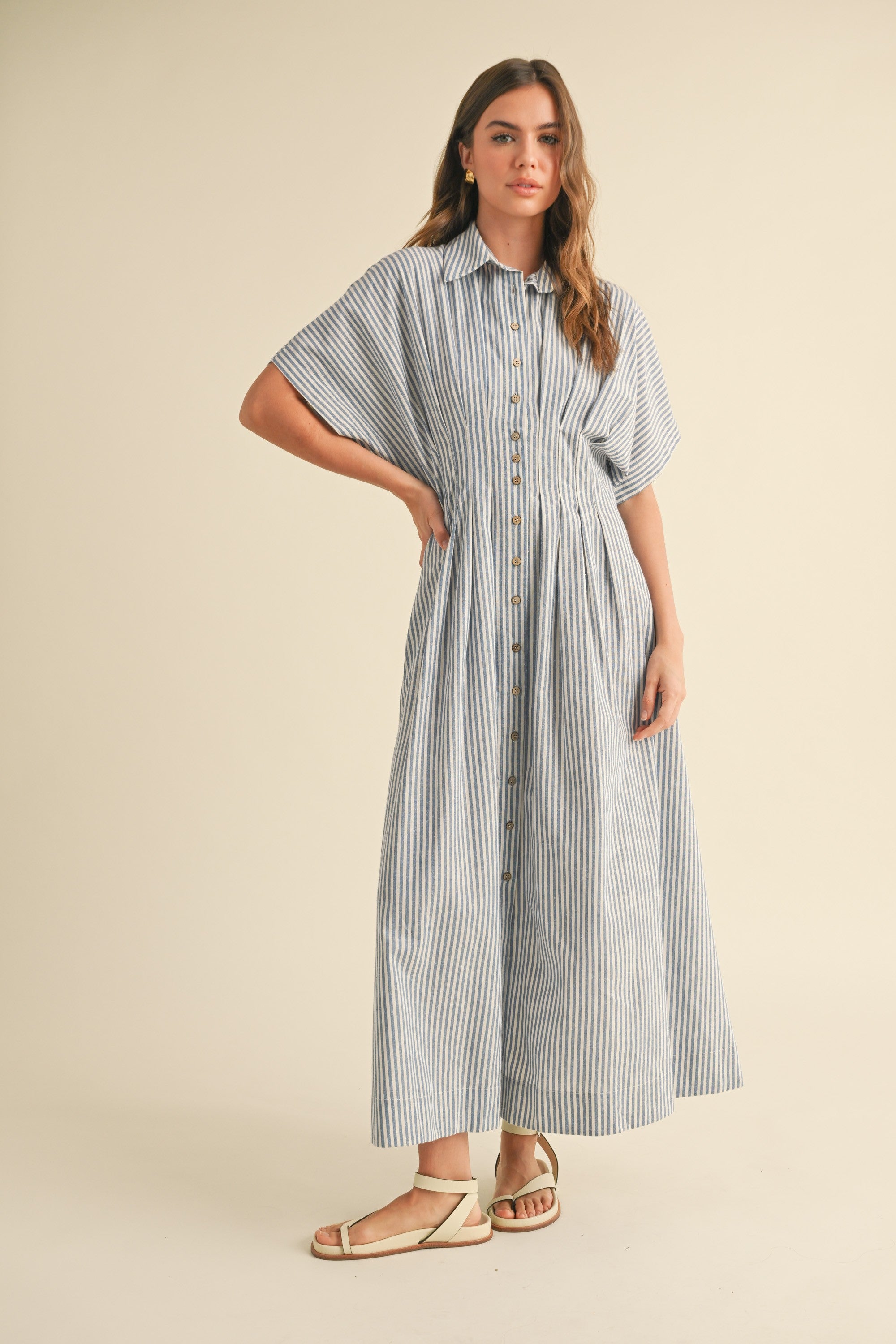 Blue Button Front Striped Dress